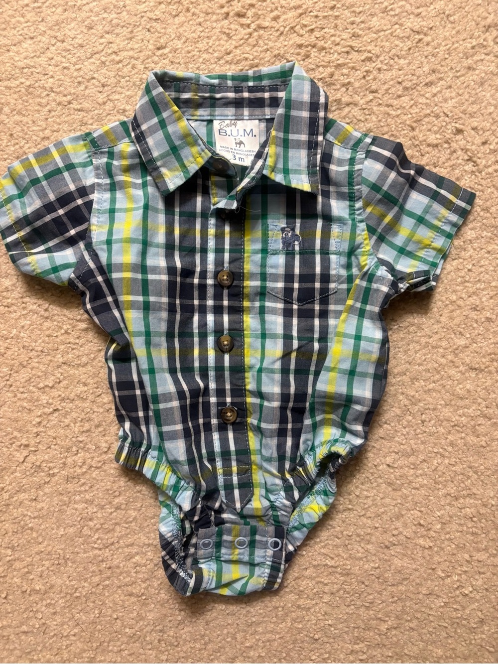 B.U.M. Baby Plaid Button-Up Onesie - Navy, Green, Yellow Boys 3 months